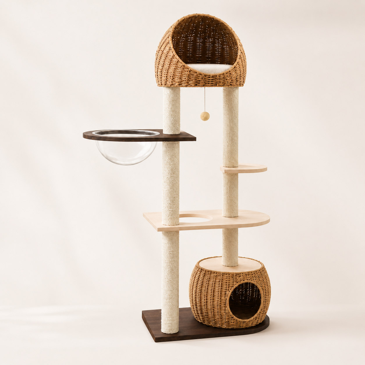 Modern Rattan Cat Tree Tower with Capsule Condo