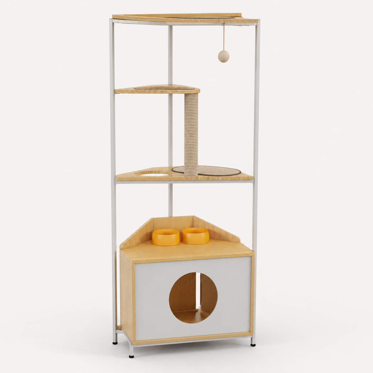 Modern Corner Cat Tower with Feeding Station & Condo