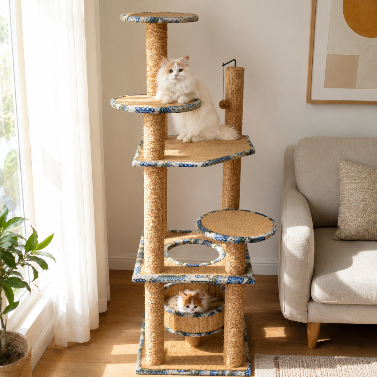Natural Woven Cat Tree Tower with Scratching Posts & Perch