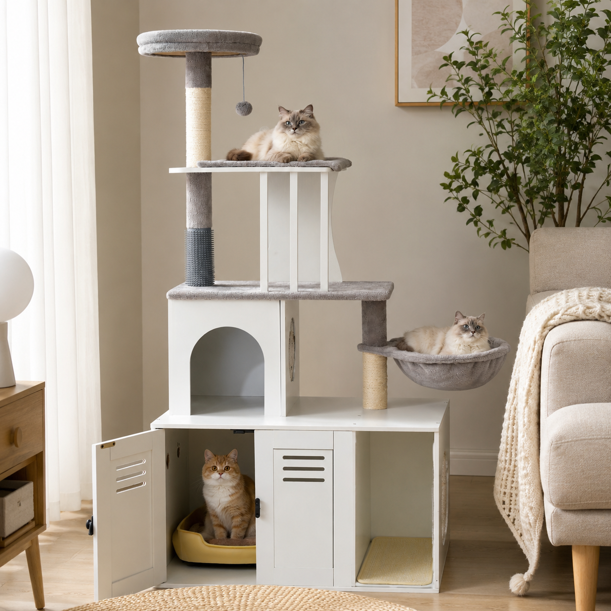 Modern Cat Tree with Hidden Litter Box Enclosure
