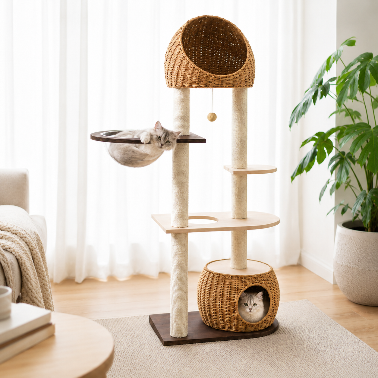 Modern Rattan Cat Tree Tower with Capsule Condo
