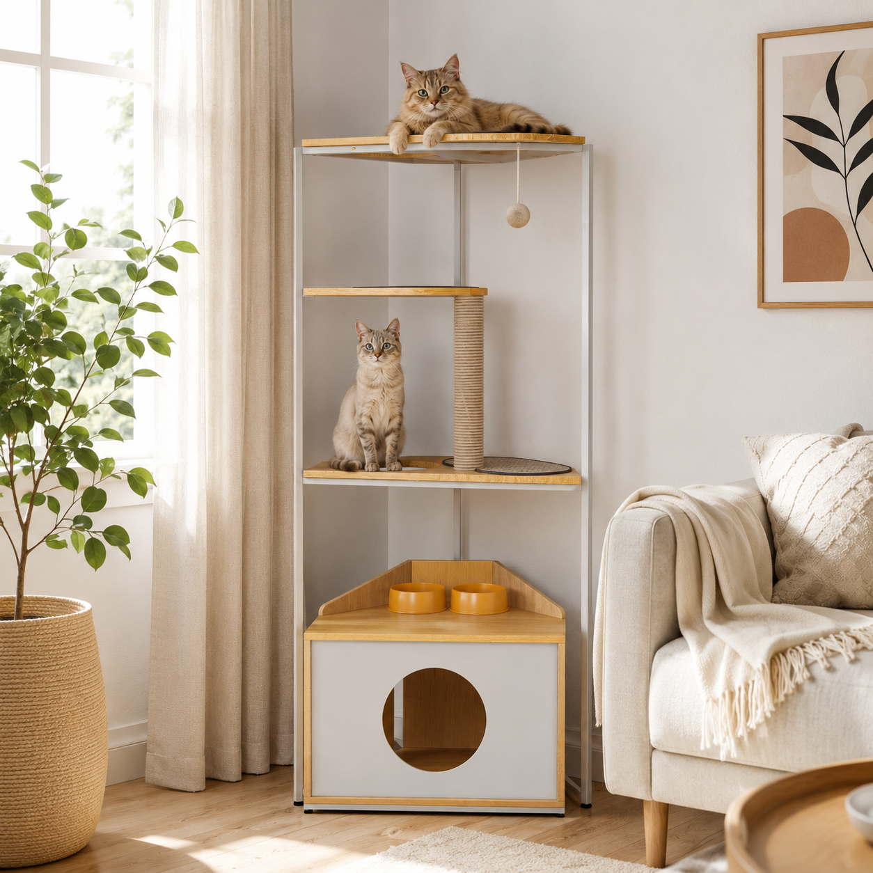 Modern Corner Cat Tower with Feeding Station & Condo