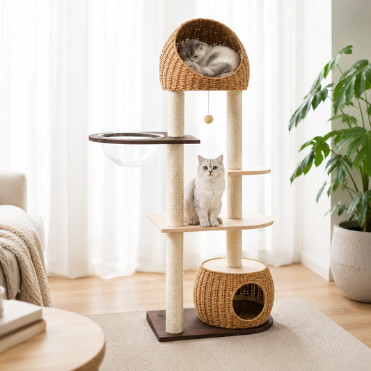Modern Rattan Cat Tree Tower with Capsule Condo