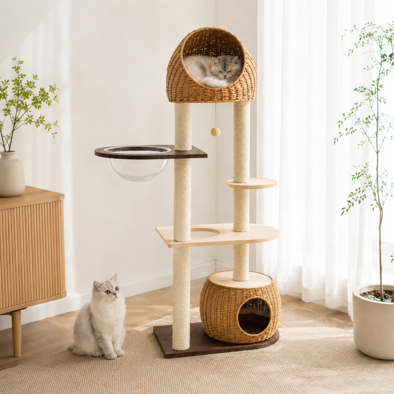 Modern Rattan Cat Tree Tower with Capsule Condo