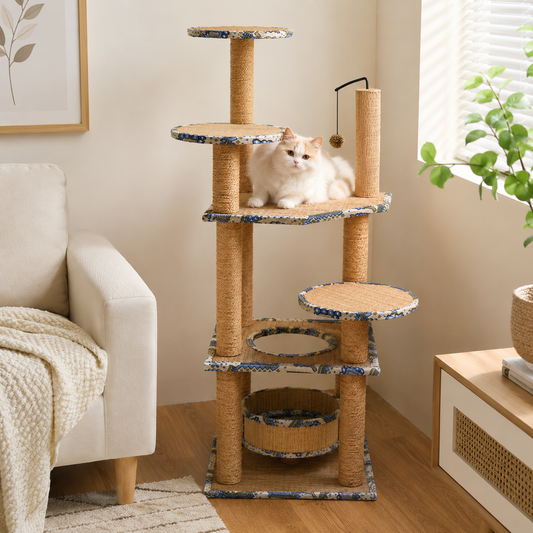 Natural Woven Cat Tree Tower with Scratching Posts & Perch