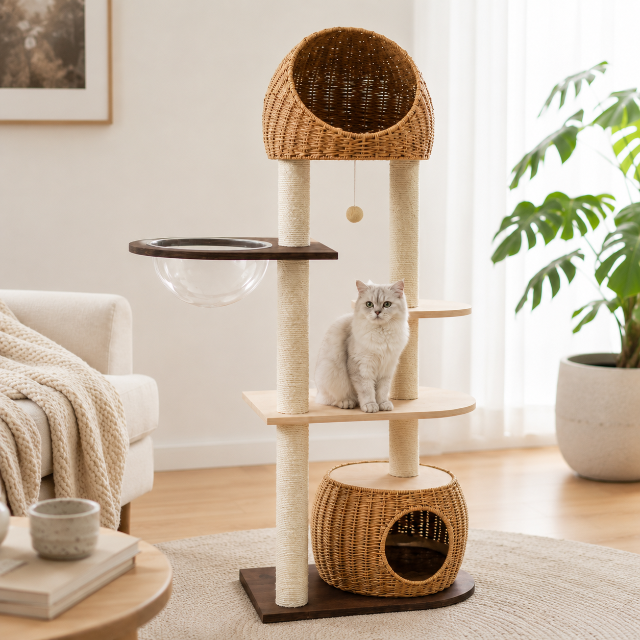 Modern Rattan Cat Tree Tower with Capsule Condo