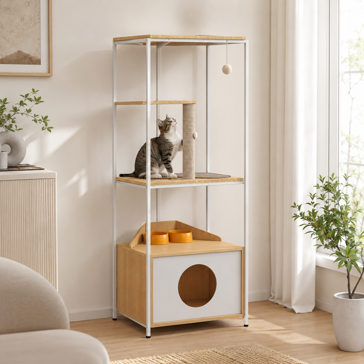 Modern Corner Cat Tower with Feeding Station & Condo