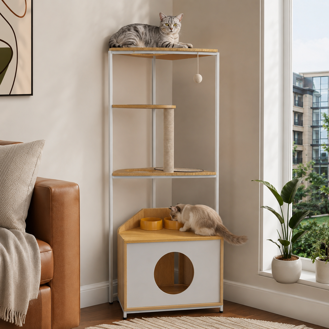 Modern Corner Cat Tower with Feeding Station & Condo
