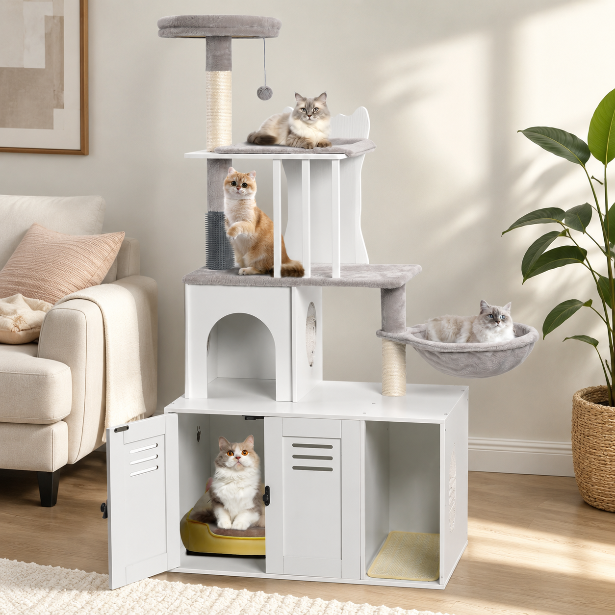 Modern Cat Tree with Hidden Litter Box Enclosure